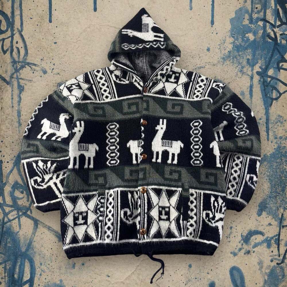 VTG Ruminahui Alpaca Wool Blend Llama Hooded Cardigan Sweater XL Ecuador Aztec